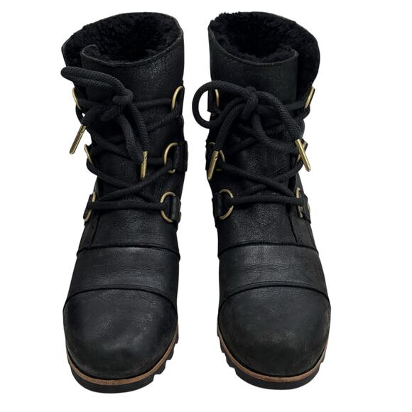SOREL Addington Shearling Boots SZ 9 Women’s Black Leather Waterproof Lace Up - Picture 4 of 13